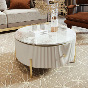 Table basse ronde de 31,5 po avec 2 grands tiroirs et table d'appoint de rangement