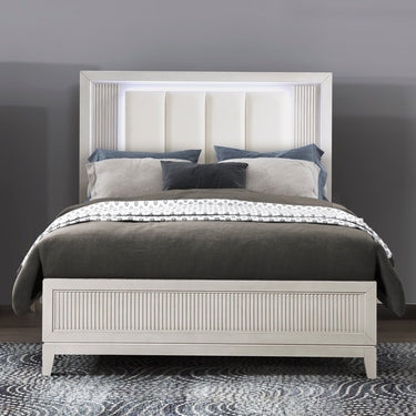 Antique White Finish Queen Bed with LED Headboard Upholstered Cushion