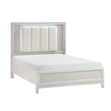 Antique White Finish Queen Bed with LED Headboard Upholstered Cushion