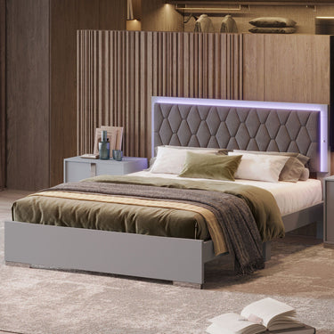 Lit plateforme gris rembourré Queen Size avec éclairage LED et tête de lit en velours