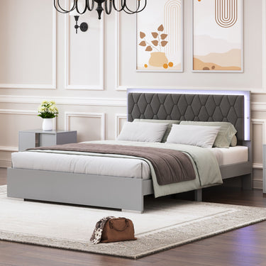 Lit plateforme gris rembourré Queen Size avec éclairage LED et tête de lit en velours