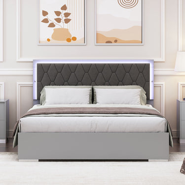 Lit plateforme gris rembourré Queen Size avec éclairage LED et tête de lit en velours
