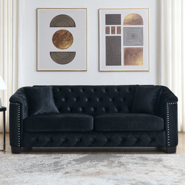 77-Inch Modern Chesterfield Velvet Sofa, 3-Seater Sofa, Upholstered Tufted Backrests with Nailhead Arms and 2 Cushions for Living Room, Bedroom, Apartment, Office (Black)