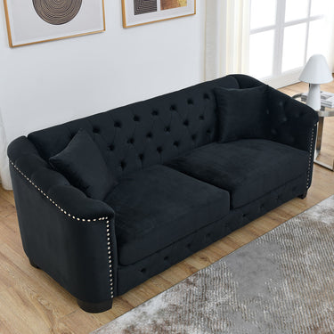 77-Inch Modern Chesterfield Velvet Sofa, 3-Seater Sofa, Upholstered Tufted Backrests with Nailhead Arms and 2 Cushions for Living Room, Bedroom, Apartment, Office (Black)