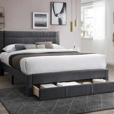 Lit queen size de luxe au look contemporain avec tiroir de rangement et tête de lit en velours côtelé anthracite