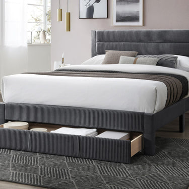 Lit queen size de luxe au look contemporain avec tiroir de rangement et tête de lit en velours côtelé anthracite