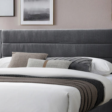 Lit queen size de luxe au look contemporain avec tiroir de rangement et tête de lit en velours côtelé anthracite