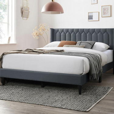 Lit Queen Size moderne et accrocheur en toile de jute anthracite avec tête de lit au design unique en diamant