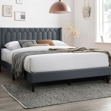Lit Queen Size moderne et accrocheur en toile de jute anthracite avec tête de lit au design unique en diamant