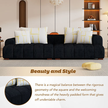 Black Corduroy Fabric Sofa with 4 Pillows for Living and Bedroom