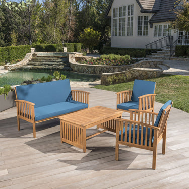 Ensemble de canapés d'extérieur en bois d'acacia avec coussins imperméables, lot de 4 pièces, patine marron/bleu sarcelle