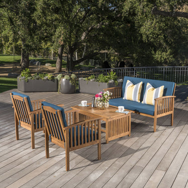 Ensemble de canapés d'extérieur en bois d'acacia avec coussins imperméables, lot de 4 pièces, patine marron/bleu sarcelle