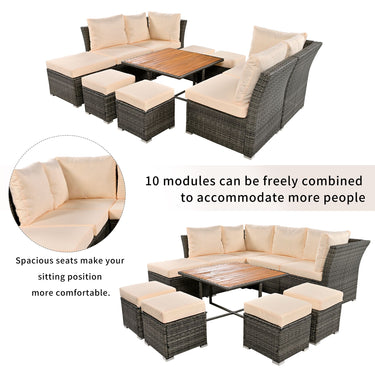 Ensemble de café d'extérieur U Style 10 pièces avec table basse en bois massif.