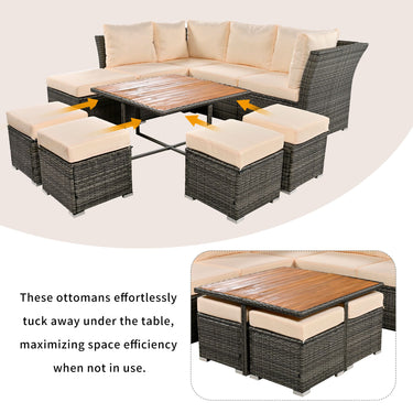 Ensemble de café d'extérieur U Style 10 pièces avec table basse en bois massif.
