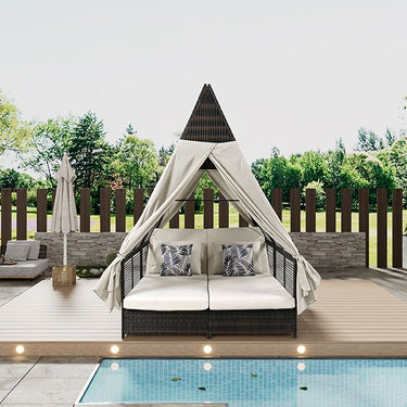 Beige Outdoor Daybed Patio Lounge Bed with Adjustable Backrest Outdoor Double Sun Lounger with Curtains, 4 Pillows