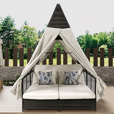 Beige Outdoor Daybed Patio Lounge Bed with Adjustable Backrest Outdoor Double Sun Lounger with Curtains, 4 Pillows