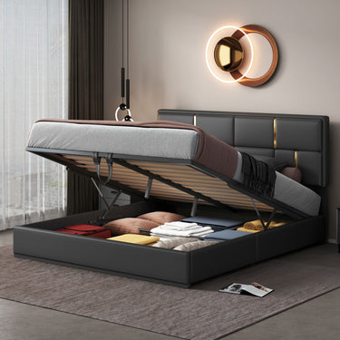 Lit plateforme rembourré Queen Size avec système de rangement hydraulique, sans sommier, noir