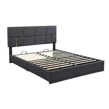 Lit plateforme rembourré Queen Size avec système de rangement hydraulique, sans sommier, noir