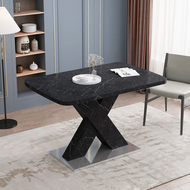 Modern Square Dining Table,Stretchable,Printed Black Marble Table Top+MDF X-Shape Table Leg with Metal Base - Kursi Maeez