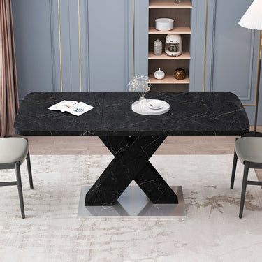 Modern Square Dining Table,Stretchable,Printed Black Marble Table Top+MDF X-Shape Table Leg with Metal Base - Kursi Maeez