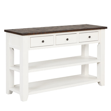 48'' Solid Pine Wood Top Console Table, Modern Entryway Sofa Side Table with 3 Storage Drawers and 2 Shelves. Easy to Assemble (Antique White+ Brown Top) - Kursi Maeez