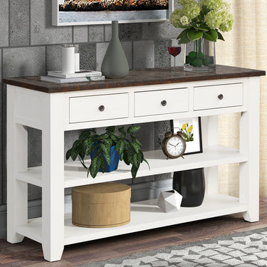 48'' Solid Pine Wood Top Console Table, Modern Entryway Sofa Side Table with 3 Storage Drawers and 2 Shelves. Easy to Assemble (Antique White+ Brown Top) - Kursi Maeez