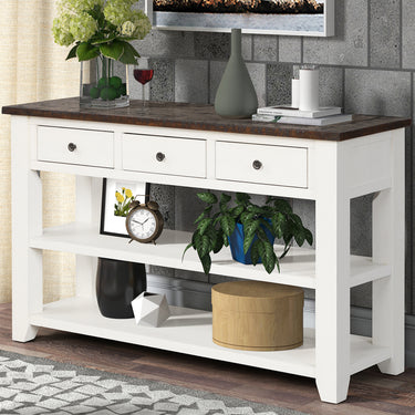 48'' Solid Pine Wood Top Console Table, Modern Entryway Sofa Side Table with 3 Storage Drawers and 2 Shelves. Easy to Assemble (Antique White+ Brown Top) - Kursi Maeez